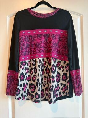 Crazy Train Black and Magenta Mixed-Print Long Sleeve Top